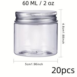 TEMU 20개입 2oz/60ml, 실버 알루미늄 스크류 뚜껑이 있는 투명 원통형 플라스틱 보관 용기, 화장품·바디케어·작업용 비즈 재사용 가능, 간편 정리 및 휴대용 포장