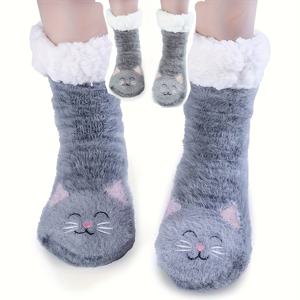 TEMU 여성을 위한 동물 테마 겨울 따뜻한 양말 1켤레, 고양이 플러시 슬리퍼 특징. 남성, 여성 및 십 대를 위한 두껍고 편안한 양말, 미끄럼 방지 플러시로 포근한 착용감. 아내, 어머니를 위한 완벽한 크리스마스 선물