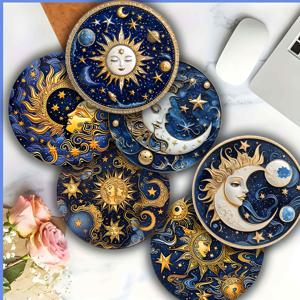 TEMU 6개 골든 레트로 스타일 나무 코스터 (태양, 달, 구름, 별 패턴), 모든 컵 및 머그에 적합, 원형 테이블 상판 보호대 (사무실 또는 주방용)