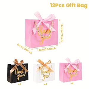 TEMU 핑크, 블랙, 화이트 색상의 프린트 디자인이 특징인 감사 선물 가방 12개 세트입니다. 리본 손잡이가 달린 이 작은 핸드백은 베이비 샤워, 결혼식, 생일 파티 답례품으로 이상적입니다.