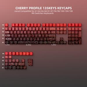 TEMU 투명 라인 디자인의 블랙 앤 레드 그라데이션 키캡, 백라이트 키보드에 적합, 빛나는 패턴의 사이드 캐릭터 특징, 체리 모델, 61/64/66/68/71/75/84/87/96/98/104/108 키 메카닉 키보드와 호환 가능
