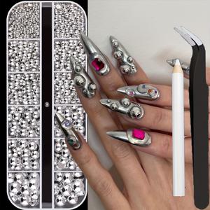 TEMU 12칸 3D 소형 카비어 은색 네일 장식 진주 매니큐어 혼합 사이즈 비즈, 네일 아트 추가용 픽업 펜슬 1개 및 핀셋 1개 포함