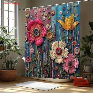 TEMU 2D 평면, 샤워 커튼 1개, 밝은 꽃과 질감 있는 배경이 있는 2D 평면 프린트 3D 꽃무늬 샤워 커튼, 고리 포함, 창문 및 벽용, 욕조, 욕실 가정 장식용 샤워 커튼, 사계절용, 71x71인치, 2D 평면
