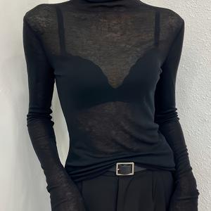 TEMU 플러스 사이즈, 여성용 블랙 하이넥 티셔츠 2025 신상 가을 겨울 시스루 메쉬 얇은 레이어 탑 마스크 긴팔 티