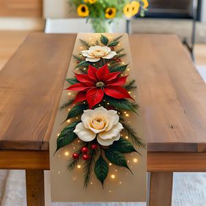 TEMU 축제 장식을 위한 2D 플랫 프린트가 특징인 우아한 흰색 장미 파인 테이블 러너. 빨간색 보가니아 및 녹색 잎이 돋보이며, 내구성이 뛰어난 폴리에스터 원단으로 제작되었으며, 크리스마스 및 추수감사절에 적합합니다.