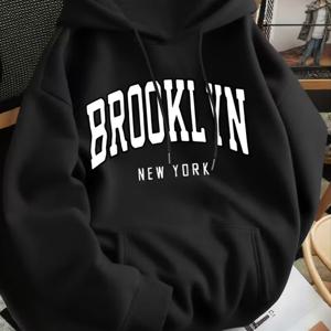 TEMU 남성용 브루클린 뉴욕 패턴 후드티 - 네이비 블루 후드티, 데일리 스트리트 스타일 및 캐주얼 복장을 위한 부드러운 폴리에스터 섬유