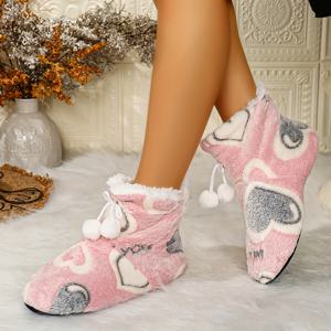 TEMU 여성용 겨울철 가정용 두꺼운 슬리퍼. 스타일리시하고 우아한 랜덤 하트 패턴이 특징이며, 갑피에 작은 폼폼 장식이 있으며, 패브릭 미끄럼 방지 밑창이 있습니다. 여성 신발