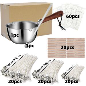 TEMU 집에서 양초 왁스 만들기 키트는 긴 손잡이 미니 스테인리스 스틸 냄비, 양초 받침대 60개, 양초 심지 60개 (각 사이즈 20개), 고정제 20개, 스푼이 함께 제공됩니다. 양초 만들기에 초보자에게 이상적입니다.