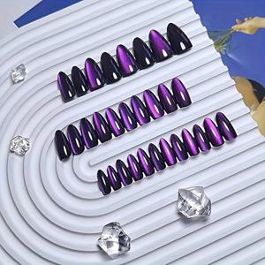 TEMU 보라색 고양이 눈 프레스 온 네일, 30개 검정 글리터 인조 네일 중간 사이즈, 두꺼운 다크 숏 아몬드 샤이니 네일 프레스, 귀여운 글리터 아크릴 네일 스틱