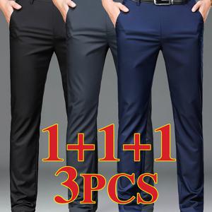 TEMU 남성용 전문가용 비즈니스 정장 바지 3개 세트, 자수 디자인 스트레치 정장 팬츠, 캐주얼 루즈핏 레그 수트 팬츠, 직장인을 위한 활용도 높은 사무복