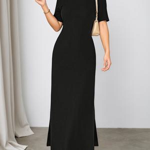 TEMU 여성용 우아한 슬림핏 맥시 드레스 - 반팔 라운드넥 - 슬릿 헴 롱 드레스, 봄 여름 가을용 솔리드 컬러, 세탁기 사용 가능 파티 웨딩 게스트 가운, 속옷 없음, 합리적인 가격의 캐주얼 의상