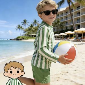 TEMU 남아용 강렬한 그린 수영복 3종 세트, 긴소매, 반바지, 수영모캡 포함, 봄/여름 해변 휴가 의류, 실내 수영장 및 온천용 의류, 열대 해변 서핑에 적합, 선물용으로 이상적