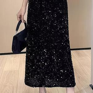 TEMU 우아한 벨벳 스플릿 스커트, 스팽글 장식 | 롱 기장, 단색, 봄/가을 파티 및 출퇴근에 적합