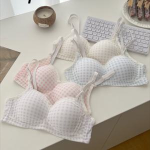 TEMU 2025년 신상 논스틸링 랭지 속옷 4종 세트, 얇고 통기성 좋은 베이지색 소재, 체크무늬 레이스 심리스 일체형 디자인, 집게단과 처짐 방지, 착용감 좋은 캐주얼 란제리 데일리 브라, 십대용