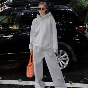 TEMU 여성 캐주얼 회색 플리스 패션 의상, 투피스 세트