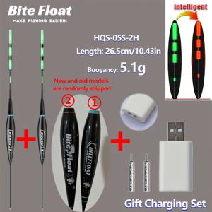 TEMU 3pcs 세트 (스마트 전자 플로트 2개 + CR425 충전식 배터리 X2 + 듀얼 홀 충전기) 짧은 밤낚시 플로트 물고기 물림 바늘 변색 방지