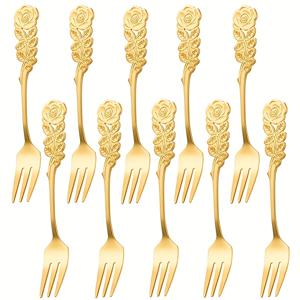 TEMU 10개 스테인리스 골드 디저트 포크 세트, 로맨틱 장미 줄기 디자인, 우아한 과일 디저트 포크, 케이크 포크 식기류, 결혼식, 발렌타인데이, 어머니날, 추수감사절, 크리스마스에 적합