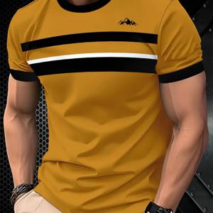 TEMU 골든 디지털 프린트 디자인 남성용 라운드넥 반팔 티셔츠, 편안한 스트레치 원단 세탁기 사용 가능, 여름에 완벽한 선택, 성숙한 스타일을 위한 패셔너블한 선물