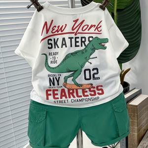 TEMU 남아용 2025년 여름 신상품 루즈핏 드롭 숄더 반팔 티셔츠, 스타일리시하고 패셔너블한 아동용 라운드넥 상의