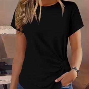 TEMU 여성 여름용 편안한 반팔 티셔츠, 라운드넥, 매듭 밑단, 옆면 파츠