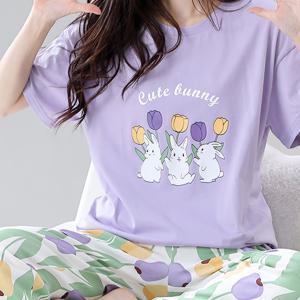 TEMU 신상 봄-여름 캐릭터 토끼 & 플로럴 프린트 파자마 세트, 보라색 반팔 상의와 꽃무늬 밴딩 팬츠 라운지웨어, 기계 세탁 가능