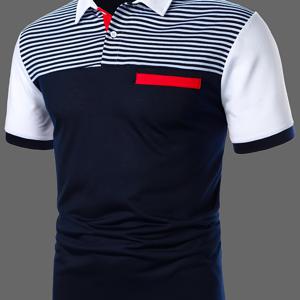 TEMU 남성 캐주얼 여름 폴로 셔츠 - 짧은 소매, 빨간색 & 흰색 스트라이프가 있는 컬러 블록 디자인, 통기성이 좋은 니트 원단, 야외 활동에 적합한 편안한 핏, 캐주얼 여름 의류 | 컬러 블록 셔츠 | 편안한 핏 셔츠