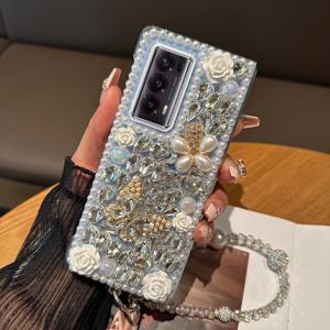 TEMU 폰 케이스: 럭셔리 수제 모조 라인석 진주 나비 꽃무늬 팔찌형 접이식 휴대폰 케이스, 삼성 갤럭시 Z 폴드 3 4 5 6 7 호환