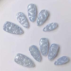 TEMU 10개입 손으로 제작된 아몬드 모양 인조 손톱, 밝은 파란색 바다 물결 패턴, 고급 스타일