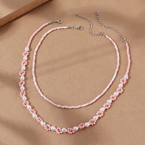 TEMU 플로럴 목걸이 세트 2개 - 더블 레이어 레이어드 초커 & 목걸이, 파스텔 핑크 & 화이트, 섬세한 플라워 비즈, 보호 주얼리, 데일리부터 파티웨어까지, 사계절 활용 가능한 레이어드 액세서리, 여성용 대형 목걸이, 멀티 스트랜드 목걸이, 롱 목걸이, 더블 레이어 목걸이, 목걸이