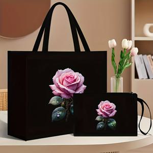 TEMU 로맨틱 로즈! 핸드백 & 소형 가방 세트, 우아한 여성용 쇼핑백과 메이크업 파우치 선물세트