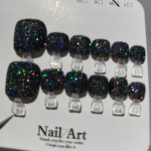 TEMU 10+2개 블랙 무지갯빛 오로라 글리터 발가락 네일 팁, 핸드메이드 탈부착식 인조 네일 스티커, 착용형 발톱, 봄-여름 효과, 눈부신 별빛 파인 글리터, 산뜻한 룩