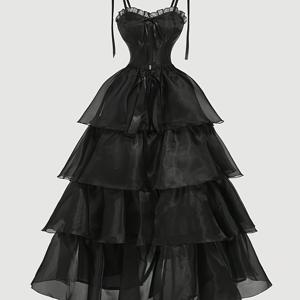 TEMU 프렌치 빈티지 단색 캐미솔 드레스 세트. 오간자 캐미솔 드레스와 허리 주름이 있는 다층 케이크 스커트가 특징입니다. 독특한 디자인으로 고급스러운 왕족 스타일을 연출하며, 볼 가운, 크루즈 웨어, 축제 의상으로 적합합니다.