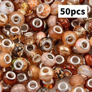 TEMU 50개 대형 구멍 스페이서 비드 세트 - 아크릴 커피 시리즈 대형 구멍 비드, 플로럴, 대리석, 얼룩 무늬 디자인 및 흙색 톤 패턴 특징, 비드 펜 주얼리 제작, 키체인, 팔찌, 목걸이에 적합