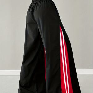 TEMU 여성 Y2K 힙합 카고 바지 - 블랙 & 레드 컬러 블록 와이드 레그 트라우저, 탄성 드로스트링 허리, 100% 루즈핏 스트리트웨어, 뮤직 페스티벌 & 캐주얼 의상, 세탁기 사용 가능, 사계절 편안함