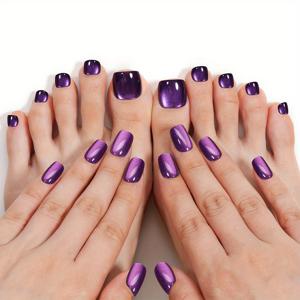 TEMU 60개입 짧은 사각형 보라색, 네이비 블루, 은색, 뿌리 핑크, 핑크 프렌치 고양이 눈 프레스온 네일 세트 (손과 발용), 풀 커버리지 탈착식 소프트 젤 고양이 눈 네일, 15가지 사이즈 선택 가능, 젤리 글루 및 네일 파일 포함