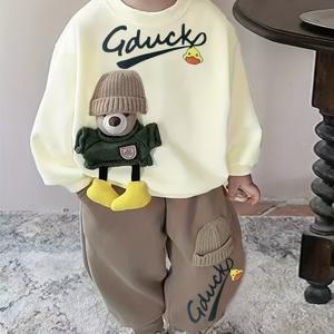 TEMU 귀여운 곰돌이 장식이 있는 스웨트셔츠와 긴 바지 세트, 캐주얼한 야외복으로 완벽, 가을 및 겨울철 야외 활동에 적합