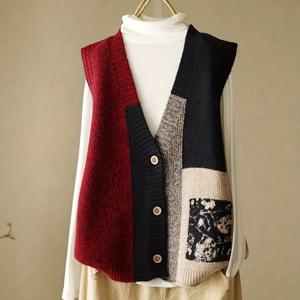 TEMU DP051961 여성 빈티지 가디건 조끼 - 플로럴 패치, V넥 버튼 앞면, 루즈핏 민소매가 특징인 컬러 블록 디자인으로, 봄/가을 착용에 완벽합니다. 이 텍스처 탑은 우아한 캐주얼 패션의 필수품이며, 레이어드 스타일로도 좋습니다.