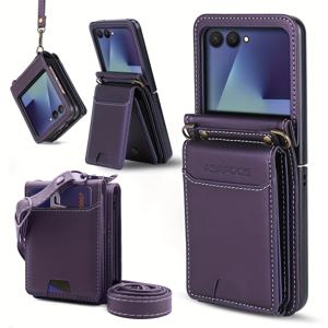 TEMU 갤럭시 Z 플립 7 지갑형 케이스: 5-7장 카드 수납, 손목 스트랩, 어깨 스트랩, 킥스탠드, 충격 방지 보호 플립폰 커버