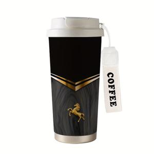 TEMU 17.92oz (530ml) 스테인리스 스틸 보온 텀블러 - 뚜껑 포함, 말 디자인, 이중벽 보온 커피 머그, 골든 말 로고와 