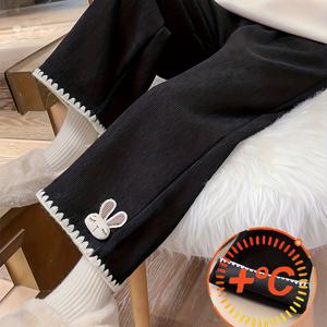 TEMU 여아용 겨울 안감 도톰한 보온 바지, 귀여운 토끼 다리 장식, 스위트하고 사랑스러운 스타일, 신축성 있는 허리밴드, 헐렁하고 편안한 핏, 가을/겨울 방한바지, 신학기 긴바지, 데일리 캐주얼 및 스포츠웨어용, 크리스마스와 부활절 의류, 아이들을 위한 필수 선물, 야외 활동에 최적