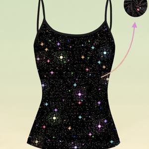 TEMU 화려한 블랙 배경에 별무늬 패턴과 눈부신 빛 효과가 있는 이 드림스러운 별자리 스위트-쿨 스타일 탱크 탑은 기발한 미적 감각을 좋아하는 분들을 위해 디자인되었습니다. 슬림핏으로 몸매를 부드럽게 연출합니다.