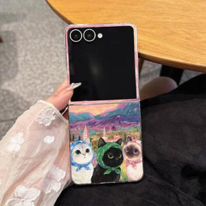 TEMU 휴대폰 케이스 - 삼성 갤럭시 Z Flip 7 5G, 6, 5, 4, 3 호환 휴대폰 케이스, 유머러스한 만화 고양이 디자인