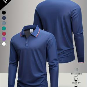 TEMU [Shule Water OBM] 남성용 긴팔 셔츠 한 벌 (봄, 가을용). 칼라 디자인의 및 단색 폴로 셔츠. 남성용 캐주얼 스포츠웨어. 여행 및 직장에 적합. 선물용.