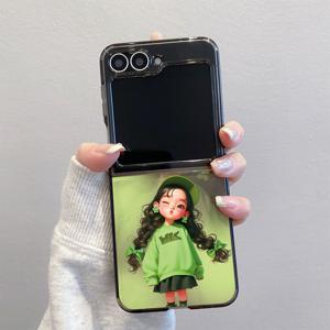TEMU 휴대폰 케이스: 초록색 드레스를 입은 귀여운 곱슬머리 어린 소녀 G339 투명 블랙 TPU 접이식 풀커버 낙하 방지 휴대폰 케이스, 삼성 갤럭시 Z 플립 7, 삼성 갤럭시 Z 플립 6, 삼성 갤럭시 Z 플립 5, 삼성 갤럭시 Z 플립 4/3 5G용, 삼성 갤럭시 Z 플립 7SE/FE용 TPU 휴대폰 케이스, 풀커버 낙하 방지, 슬림하고 가벼운