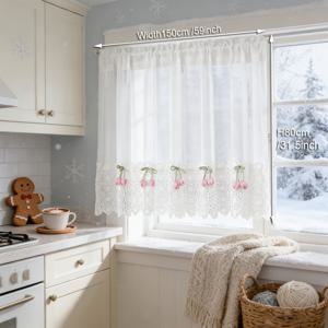 TEMU 프렌치 컨트리 튤립 꽃 장식 커피 커튼 | 화이트 자수 레이스 숏 커튼, 로드 포켓 디자인, 거실, 침실, 주방, 문에 적합, 폴리에스터, 반투명, 스티치 장인 정신