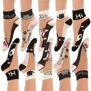 TEMU 봄/여름용 얇고 통기성 좋은 만화 아기 고양이 카스 유리섬유 반삭스 10켤레, 귀여운 고양이 레터링 투명 여성용 발목 양말, 가족과 친구를 위한 최고의 선물