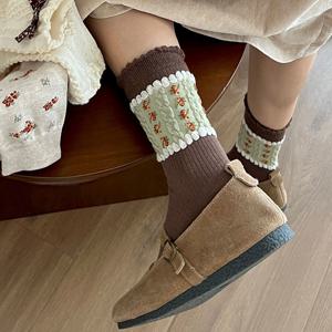 TEMU 3켤레 커피 브라운 빈티지 플로럴 프린트 여성용 양말, 봄/가을용, 일본 스타일 스위트 리스 커프스 장식 레ース 양말, 스위트 리본 포함, 중목 양말