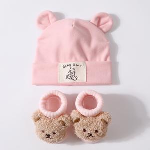 TEMU 2개 세트 0-12개월 아기 토끼 귀 부드러운 모자 + 양말 플러시 곰 세트 아기 모자 신생아 임신 모자 귀여운 세트, 데일리 레저 야외 활동 사진 촬영에 적합