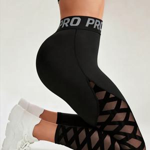 TEMU 신상 핫셀링 레터 요가 팬츠, 여성용 하이웨이스트 솔리드 컬러 요가 팬츠 반사 레터 벨트 & 메쉬 패치, 블랙, 스트레치 스포츠 레깅스, 힙업 & 복부 컨트롤 아웃어웨어 러닝 스포츠 레깅스