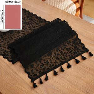 TEMU 1개 베이지색 테이블 러너, 검은 눈꽃 장식, 티 테이블 및 식탁용 간편하고 우아한 레이스 커버, 긴 태슬 장식